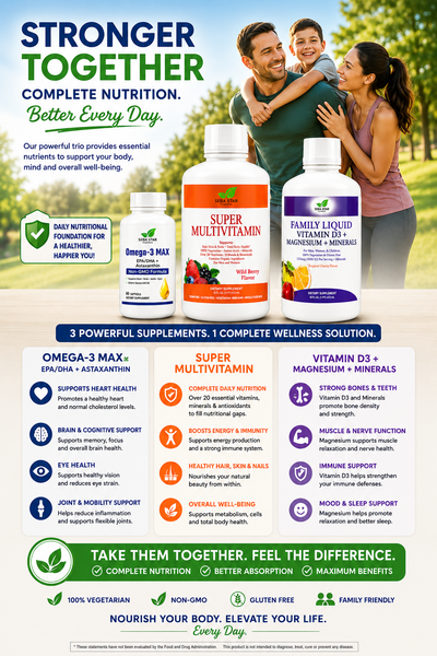 Complete multivitamin, Vitamin D3 with magnesium and minerals, Omega 3